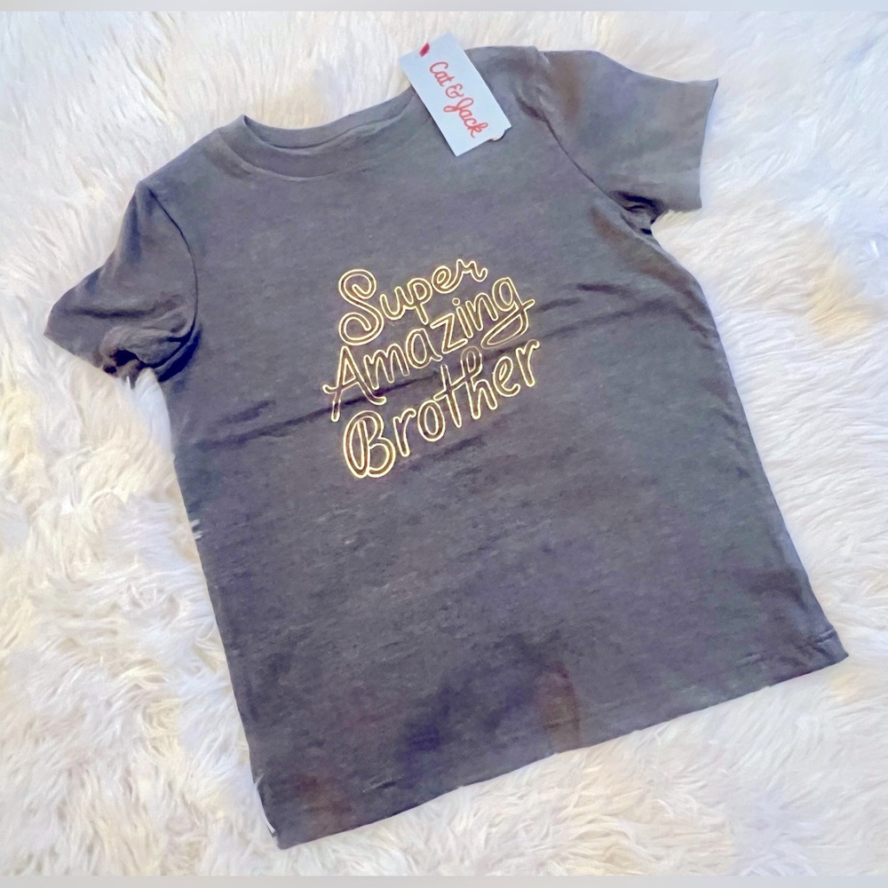 NEW 3T Cat & Jack Grey Gold Super Amazing Brother Kids T Shirt Top Boys